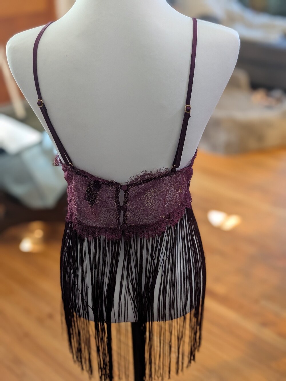 Fringe Lace Lingerie Set Burgundy Plunge Babydoll Teddy Thong 2 Piece NWT Medium - Picture 7 of 13